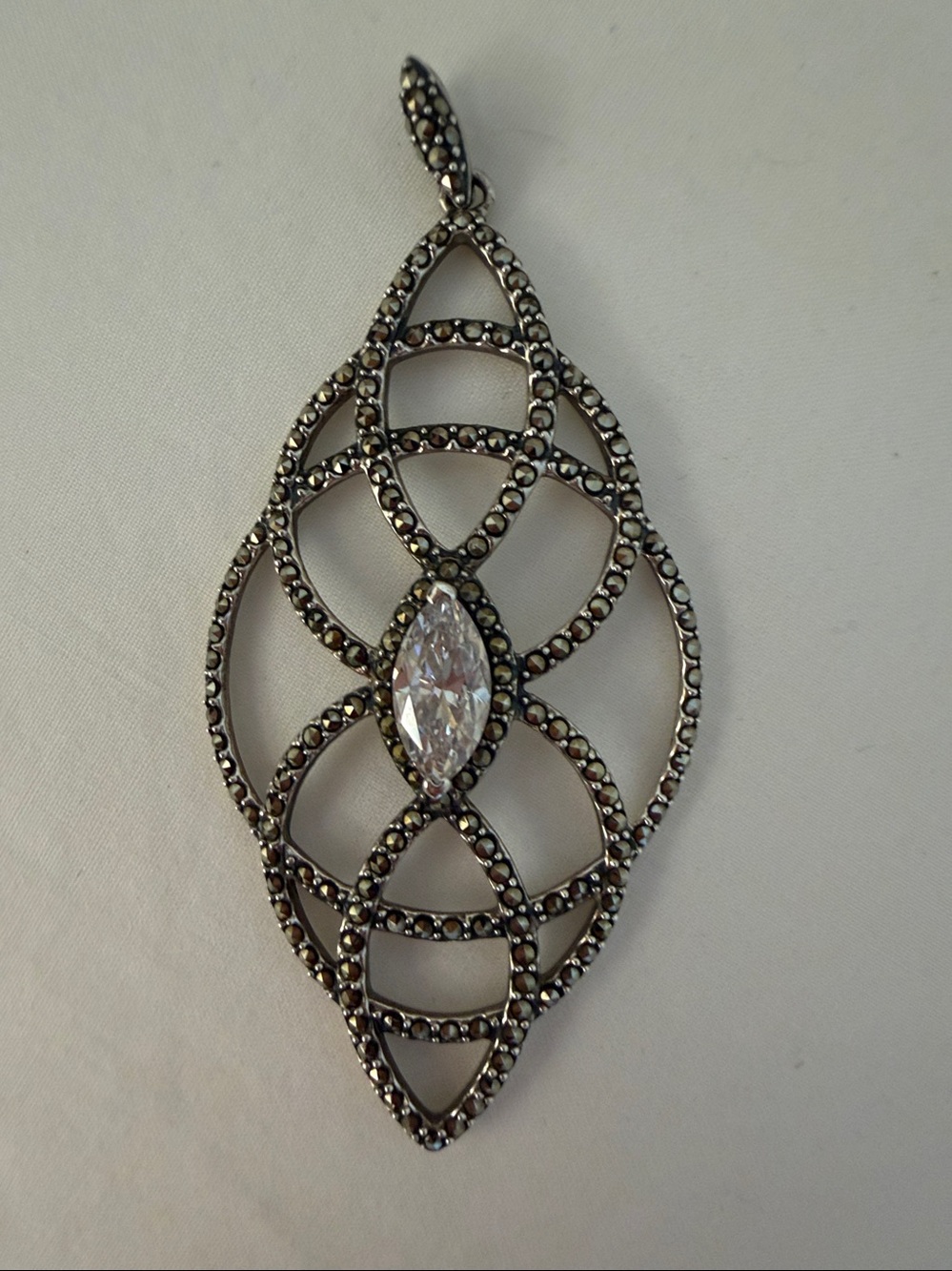 Sterling Silver Marquise Filigree Pendant with Clear Stone